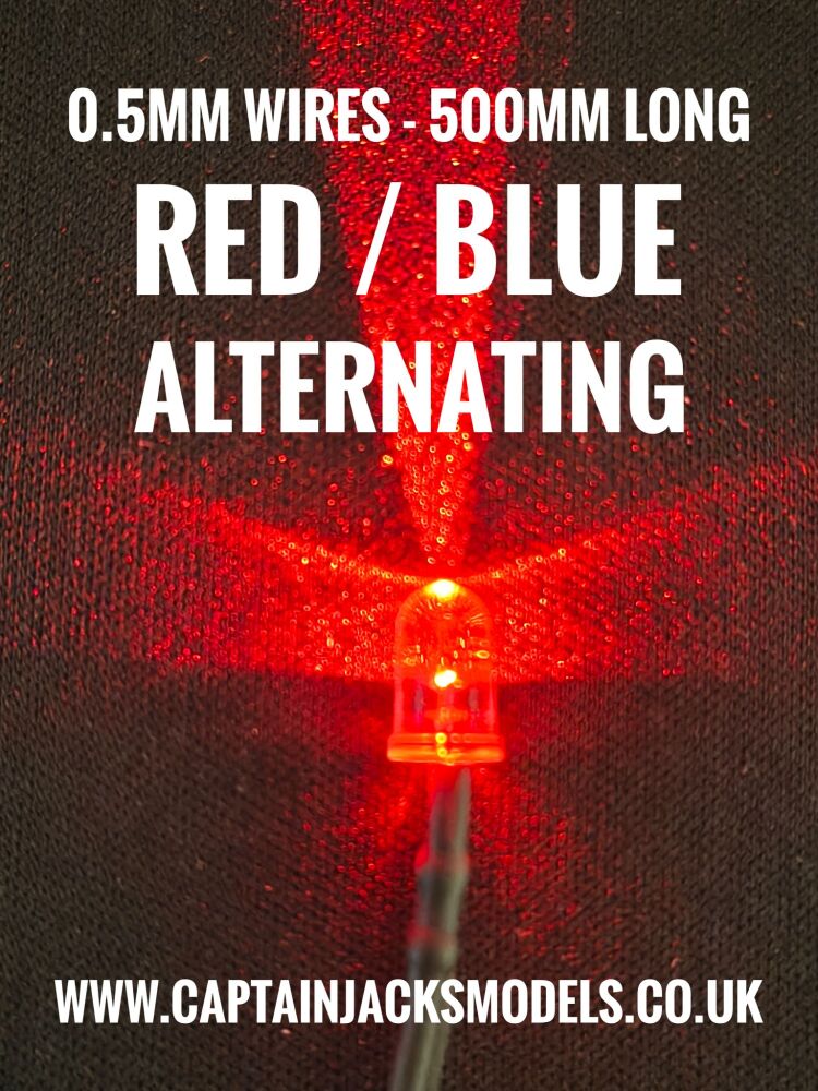 5mm Prewired Ultra Bright RED BLUE ALTERNATING Round Top LED With 0.5mm Diameter 500mm Long 30AWG Wires