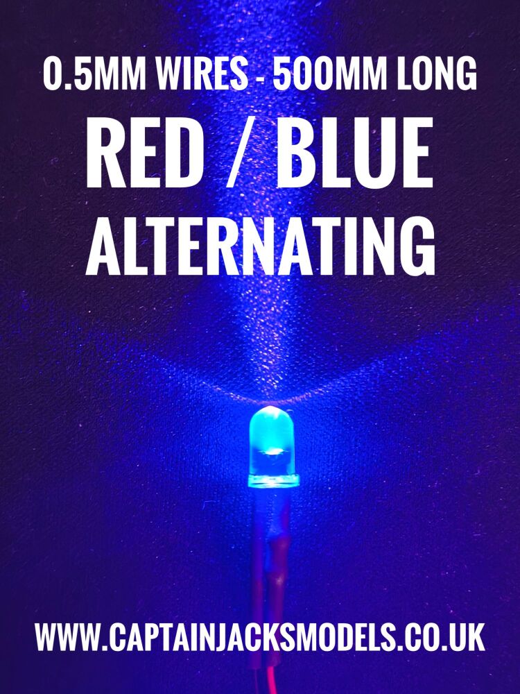 5mm Prewired Ultra Bright RED BLUE ALTERNATING Round Top LED With 0.5mm Diameter 500mm Long 30AWG Wires