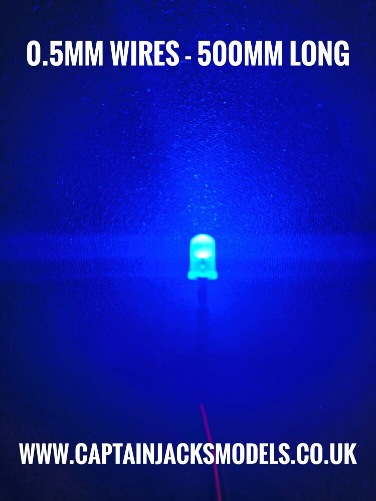 5mm Prewired DIFFUSED BLUE Round Top LED With 0.5mm Diameter 500mm Long 30AWG Wires