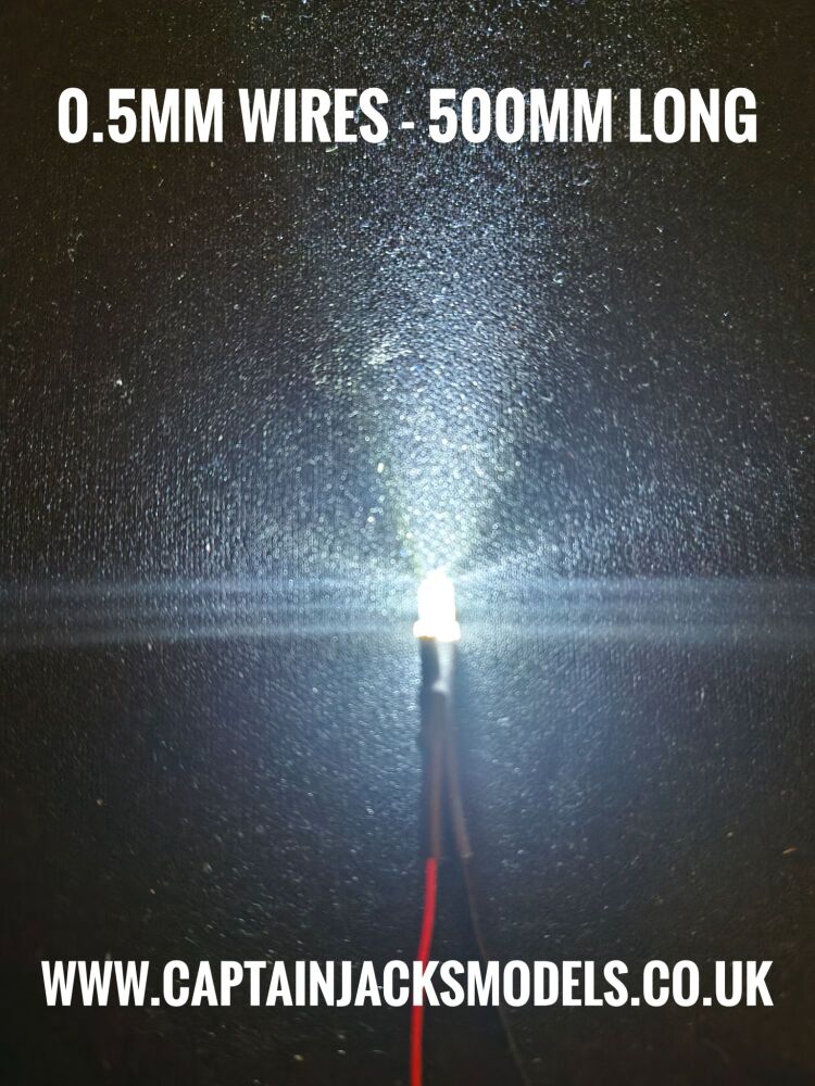 3mm Prewired Ultra Bright COOL WHITE Round Top LED With 0.5mm Diameter 500mm Long 30AWG Wires