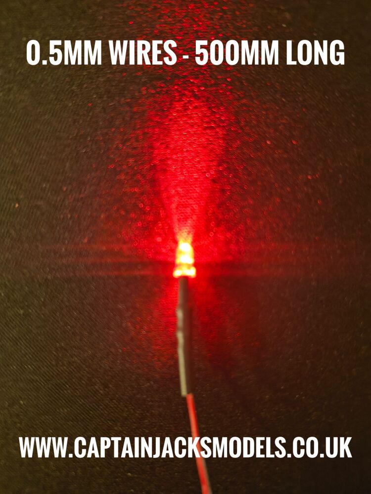 3mm Prewired Ultra Bright RED Round Top LED With 0.5mm Diameter 500mm Long 30AWG Wires