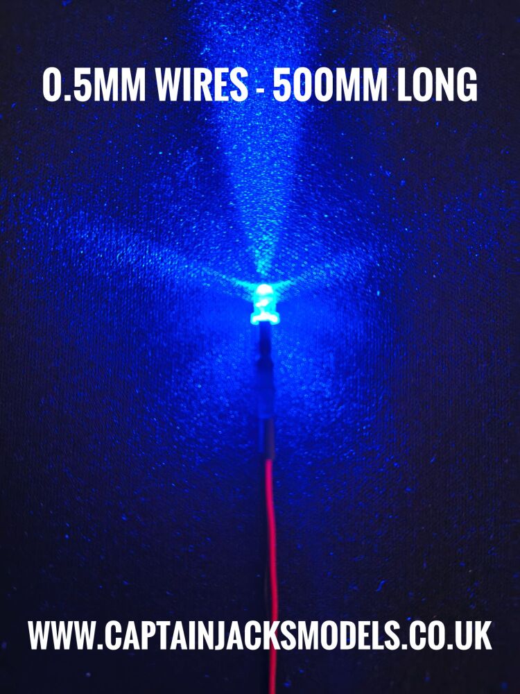 3mm Prewired Ultra Bright BLUE Round Top LED With 0.5mm Diameter 500mm Long 30AWG Wires