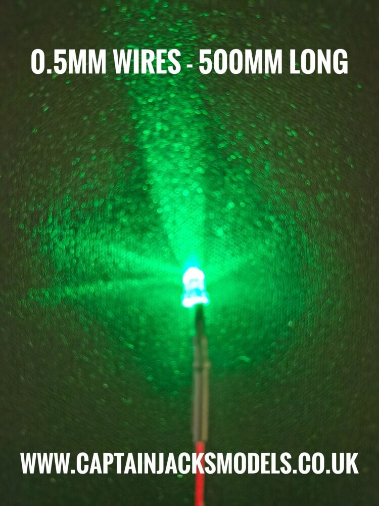 3mm Prewired Ultra Bright GREEN Round Top LED With 0.5mm Diameter 500mm Long 30AWG Wires