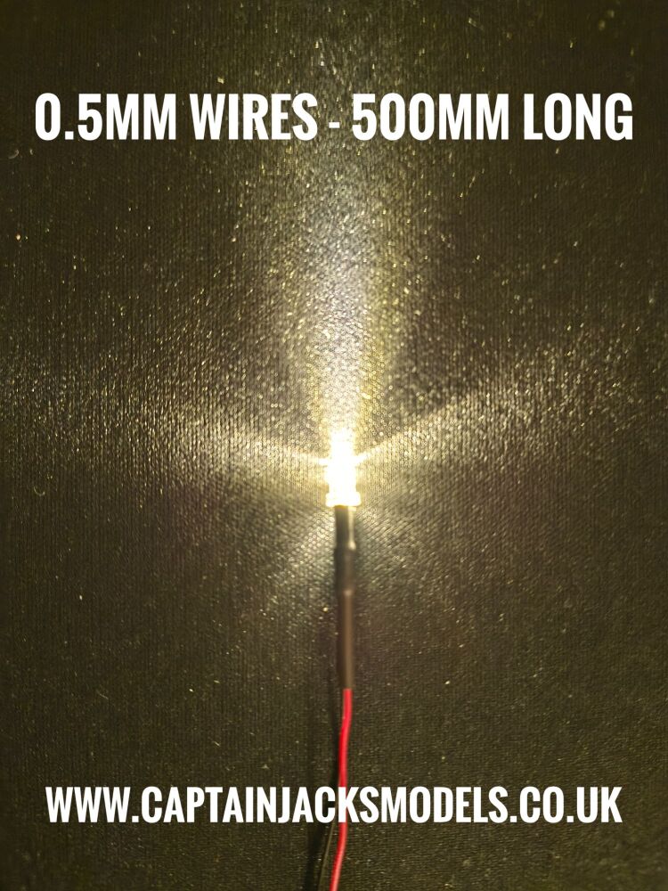 3mm Prewired Ultra Bright WARM WHITE YELLOW SHADE Round Top LED With 0.5mm Diameter 500mm Long 30AWG Wires