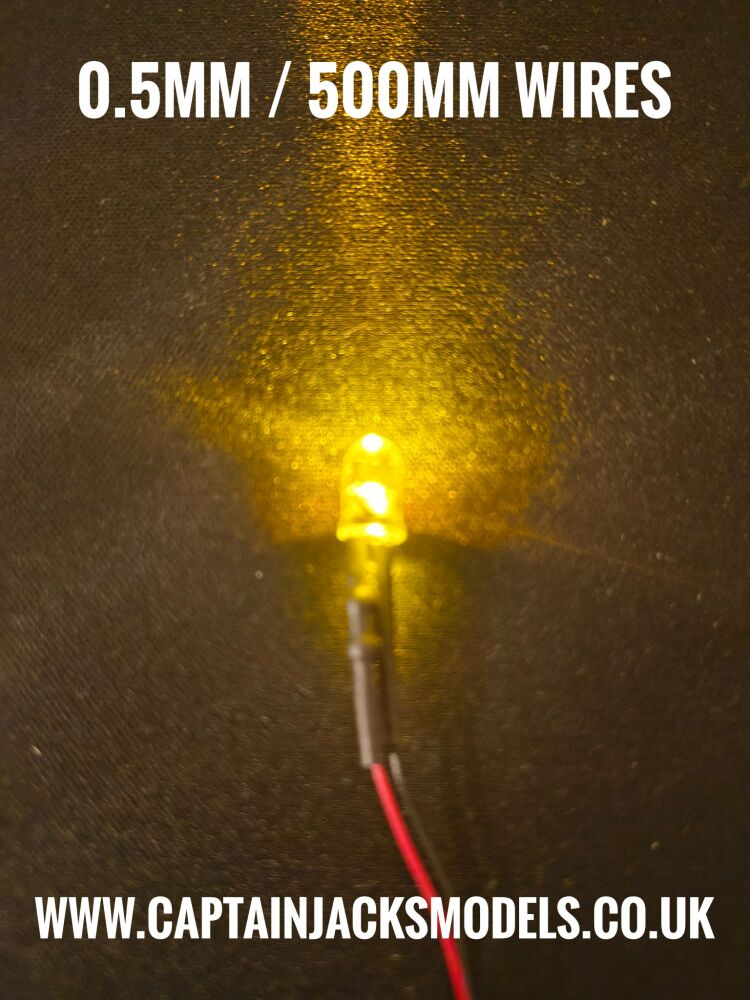 5mm Prewired LED - 0.5mm 30AWG WIRES 500mm Long - Ultra Bright - FLICKER EFFECT YELLOW