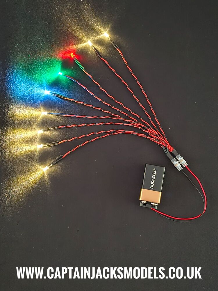 RC Boat Navigation Light Kit - 9V CLIP SET - Static LEDs - x1 3mm Flat Red - x1 3mm Flat Green - x1 Round 3mm Cool White - x6 3mm Round Warm Whites
