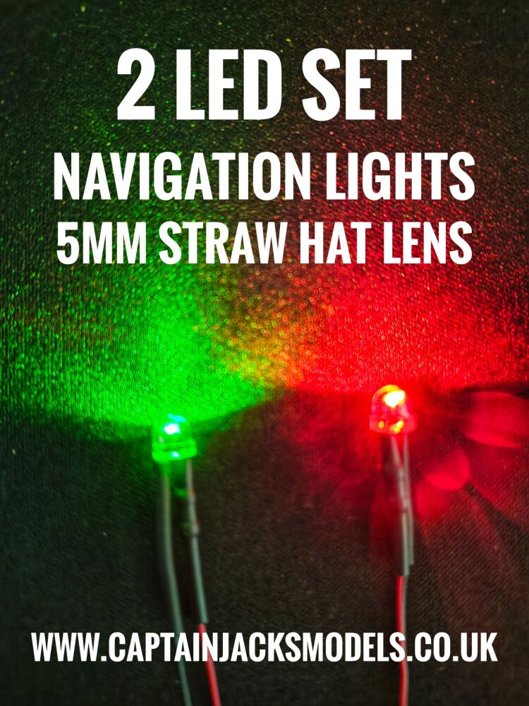 2 Prewired LED Pack Of Navigation Light LEDs 5mm STRAW HAT CLEAR LENS Red & Green Static
