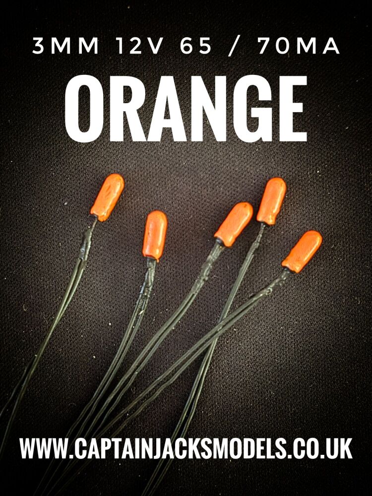 3mm Diameter 12v - 65 / 70mA Miniature Grain Of Wheat Bulbs - ORANGE - PACK OF 5 PREWIRED BULBS