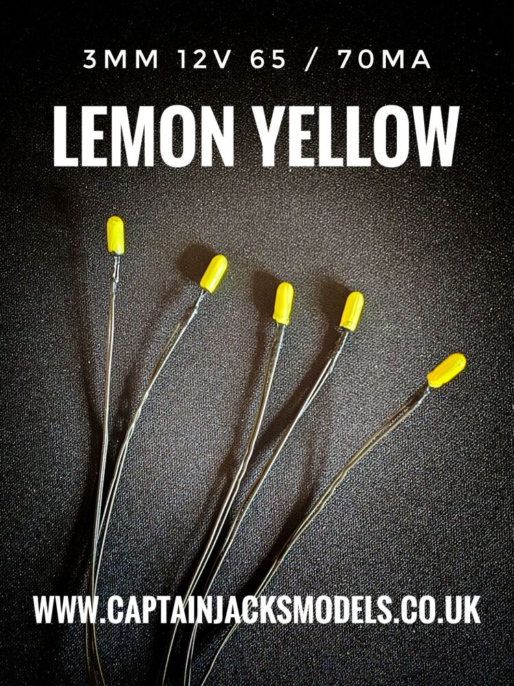 3mm Diameter 12v - 65 / 70mA Miniature Grain Of Wheat Bulbs - LEMON YELLOW - PACK OF 5 PREWIRED BULBS