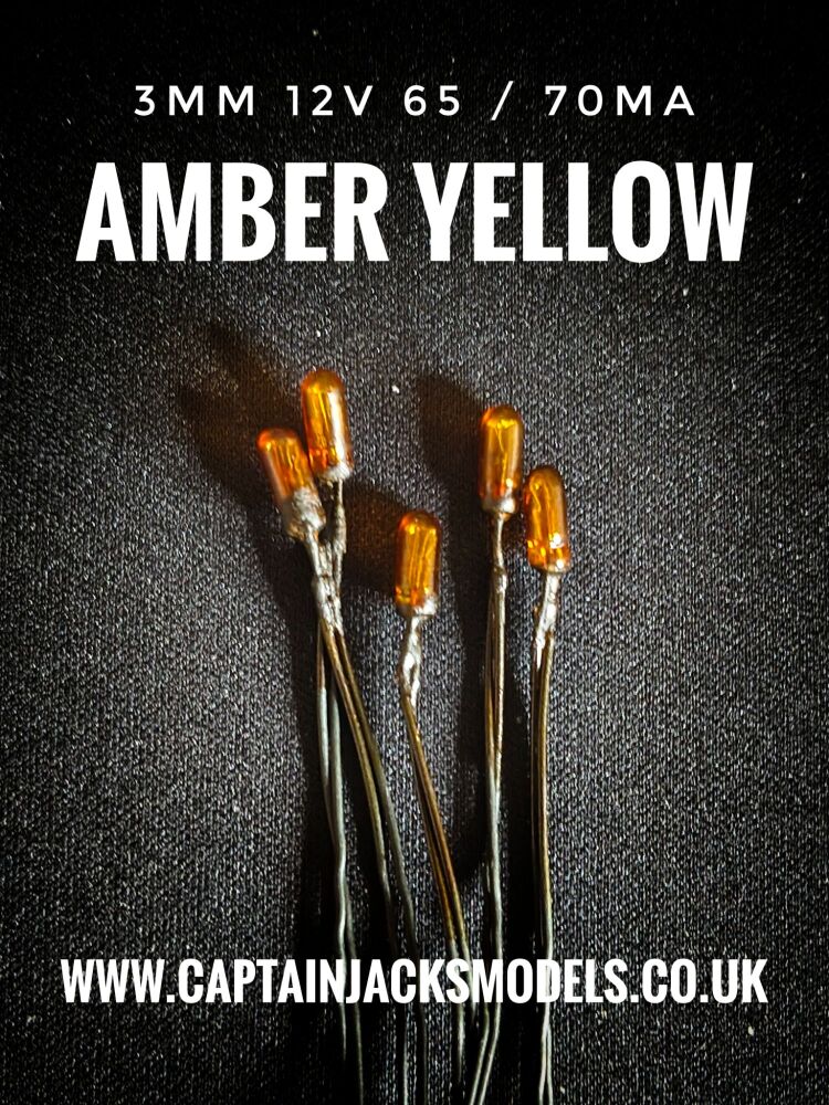 3mm Diameter 12v - 65 / 70mA Miniature Grain Of Wheat Bulbs - AMBER YELLOW - PACK OF 5 PREWIRED BULBS