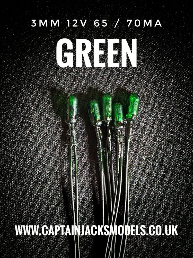 3mm Diameter 12v - 65 / 70mA Miniature Grain Of Wheat Bulbs - GREEN - PACK OF 5 PREWIRED BULBS