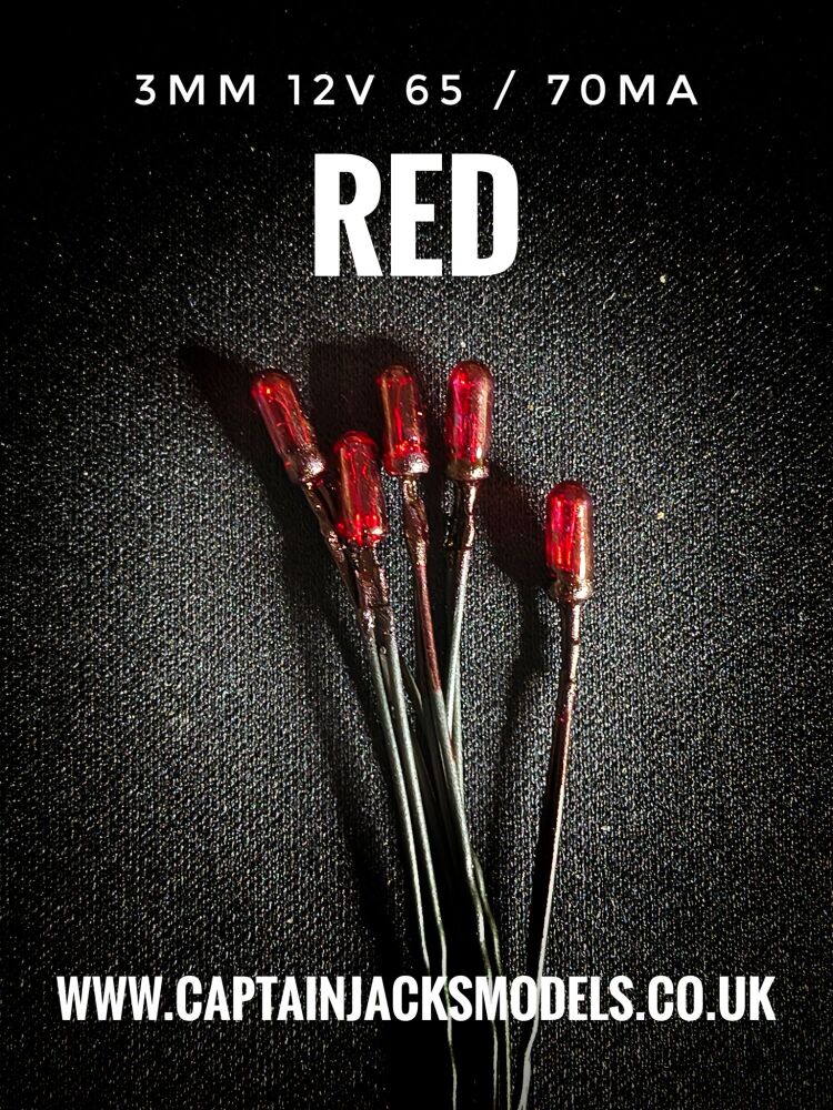 3mm Diameter 12v - 65 / 70mA Miniature Grain Of Wheat Bulbs - RED - PACK OF 5 PREWIRED BULBS