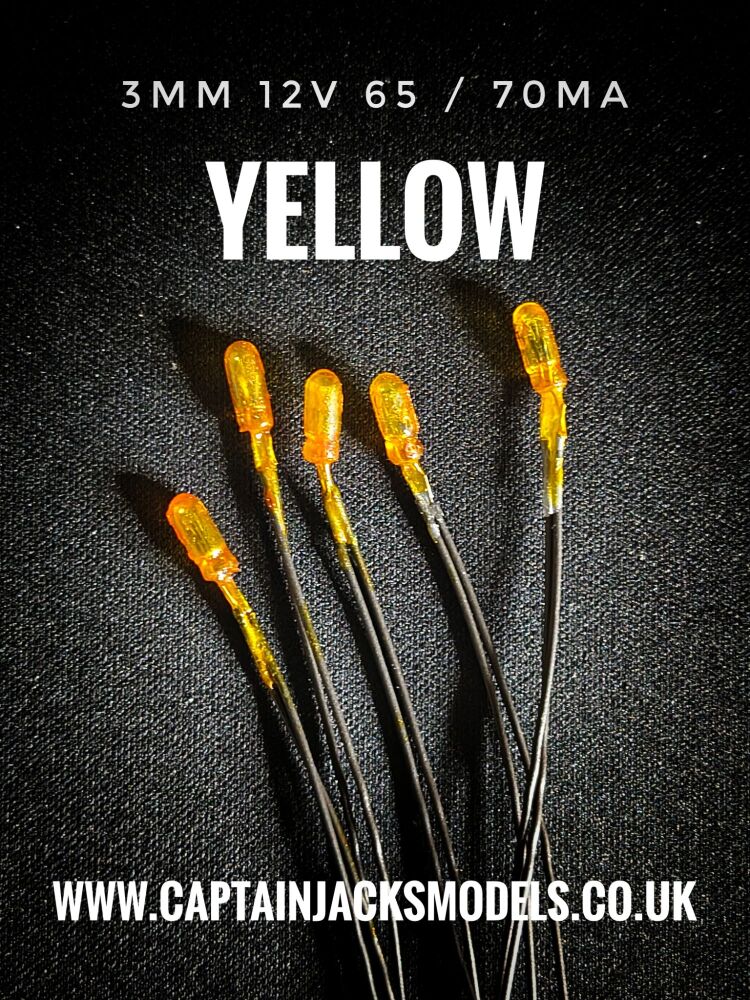 3mm Diameter 12v - 65 / 70mA Miniature Grain Of Wheat Bulbs - YELLOW - PACK OF 5 PREWIRED BULBS
