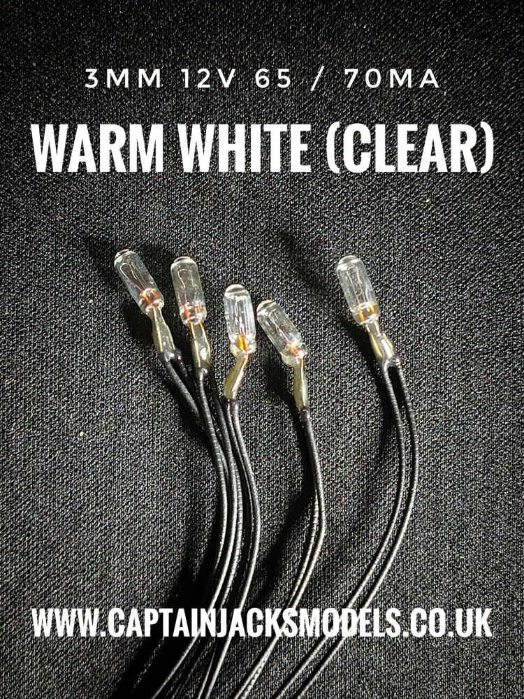 3mm Diameter 12v - 65 / 70mA Miniature Grain Of Wheat Bulbs - WARM WHITE - 