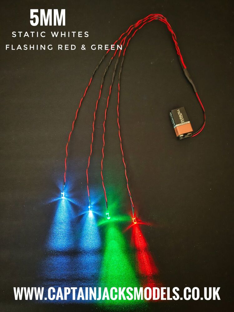 5mm LED 495mm Navigation Light Set With Static White and FLASHING RED & GREEN LEDs