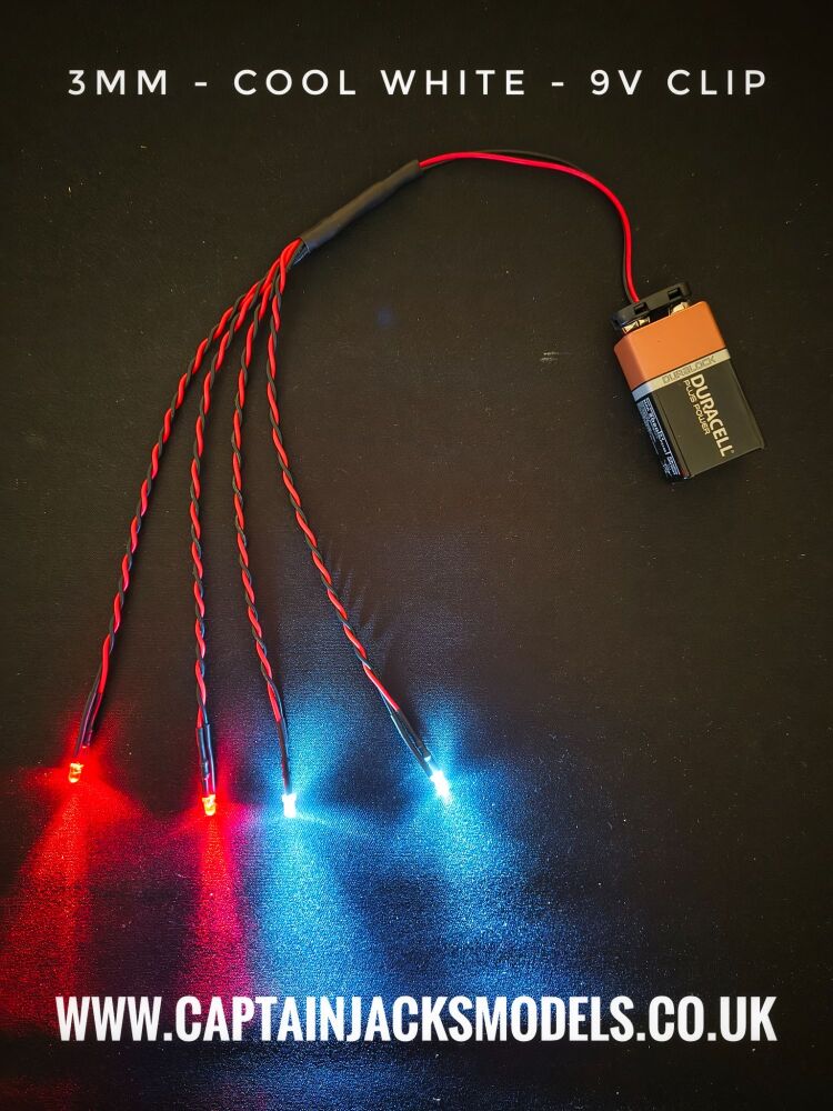 Small Model Car 3mm LED Light Kit x2 Cool White x2 Red Static 160mm Wire Loom 9V Clip