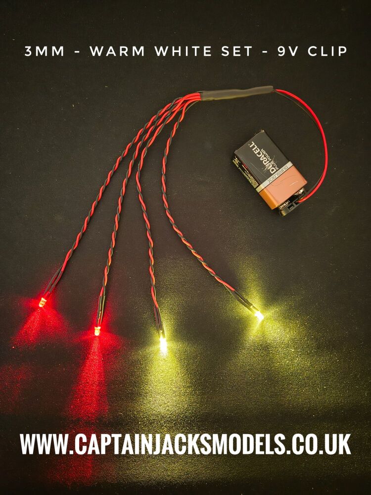Small Model Car 3mm LED Light Kit x2 Warm White x2 Red Static 160mm Wire Loom 9V Clip