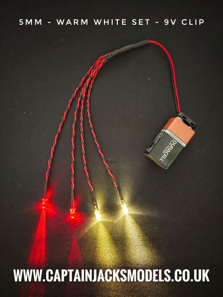 Small Model Car 5mm LED Light Kit x2 Warm White x2 Red Static 160mm Wire Loom 9V Clip