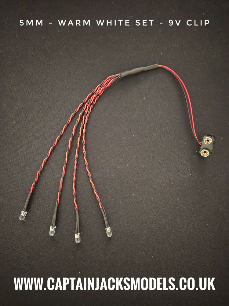 Small Model Car 5mm LED Light Kit x2 Warm White x2 Red Static 160mm Wire Loom 9V Clip