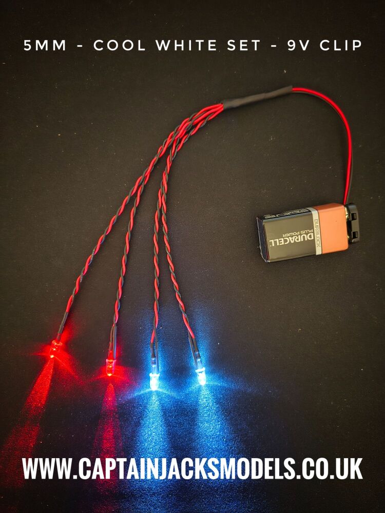 Small Model Car 5mm LED Light Kit x2 Cool White x2 Red Static 160mm Wire Loom 9V Clip