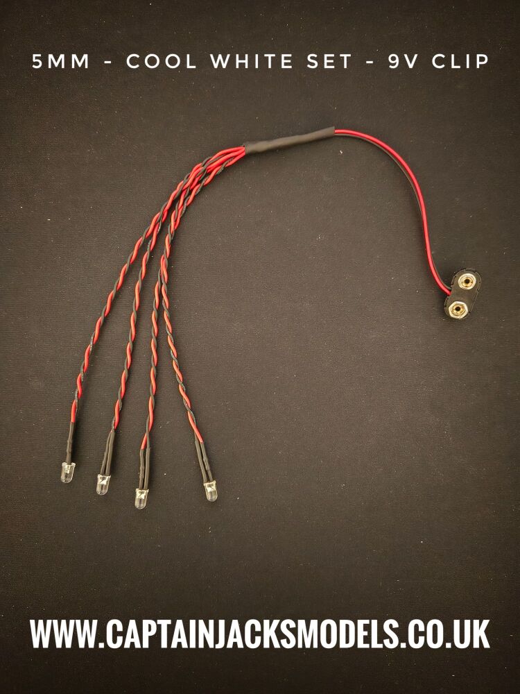Small Model Car 5mm LED Light Kit x2 Cool White x2 Red Static 160mm Wire Loom 9V Clip