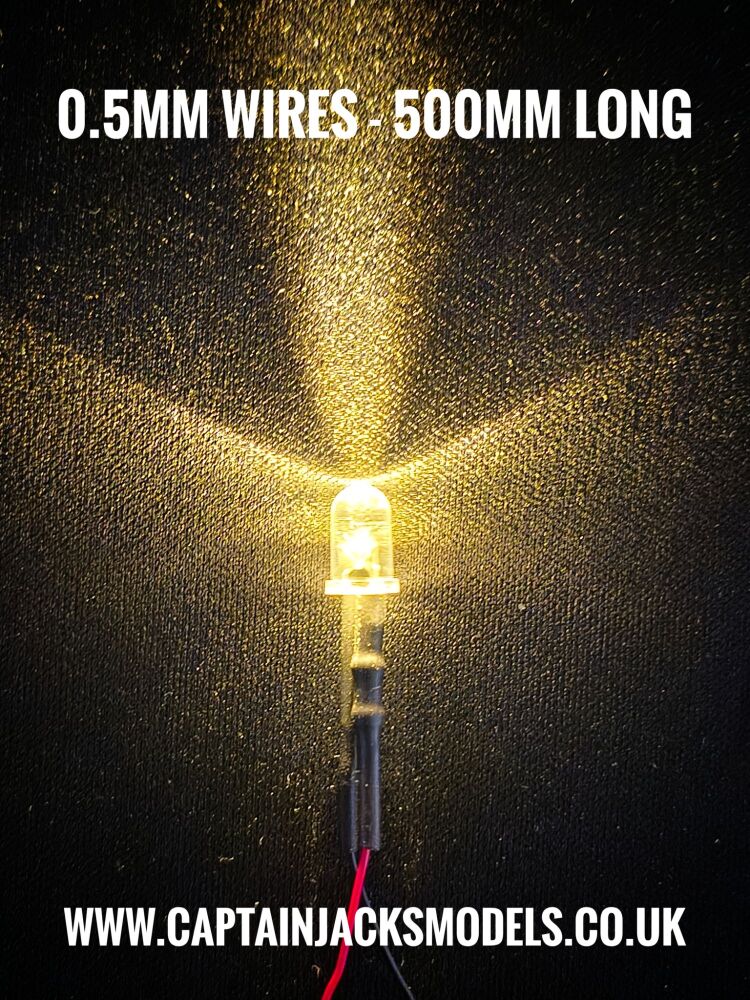 5mm Prewired Ultra Bright WARM WHITE YELLOW SHADE Round Top LED With 0.5mm Diameter 500mm Long 30AWG Wires