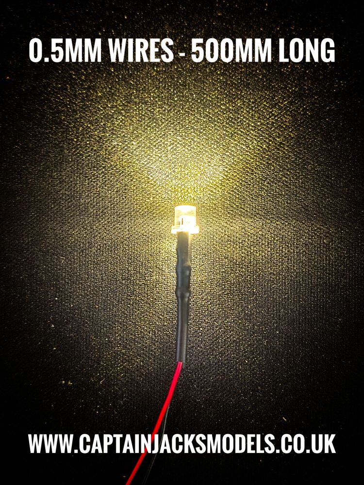 3mm Prewired FLAT TOP Led - 0.5mm WIRES 500mm LONG 30AWG - Ultra Bright - WARM WHITE DARK CREAM SHADE