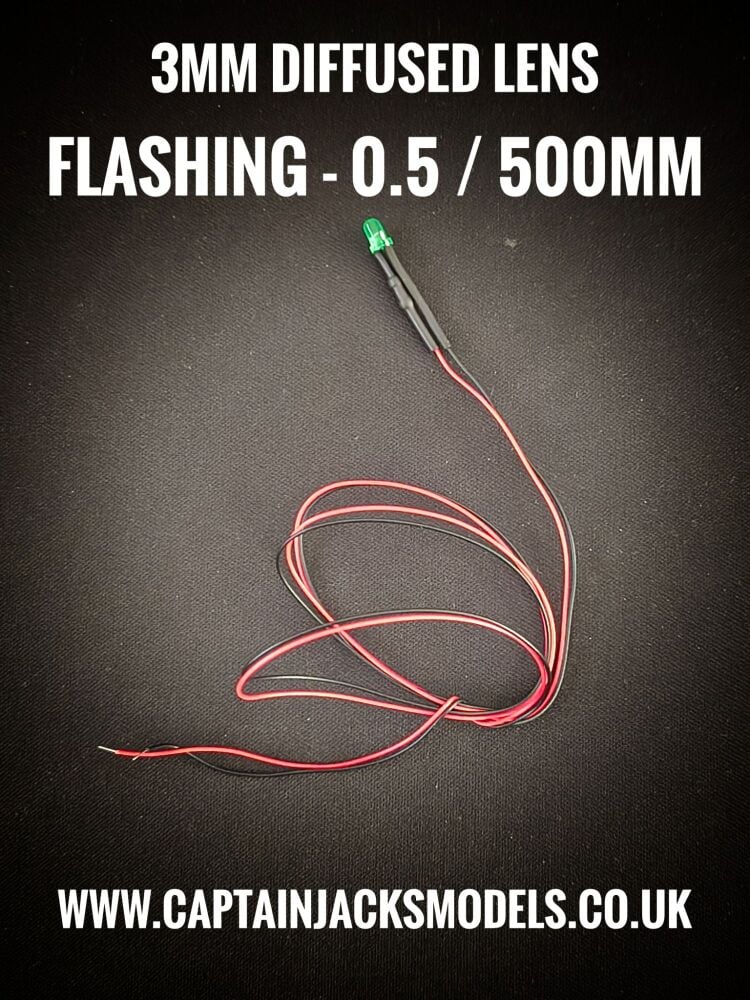 3mm Prewired LEDs - 0.5mm WIRES - Diffused - GREEN - FLASHING