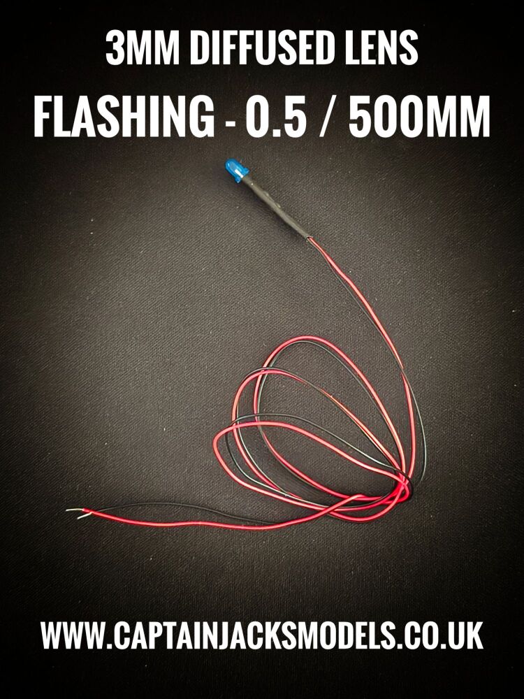 3mm Prewired LEDs - 0.5mm WIRES - Diffused - BLUE - FLASHING
