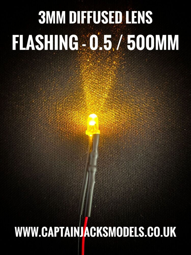 3mm Prewired LEDs - 0.5mm WIRES - Diffused - YELLOW - FLASHING