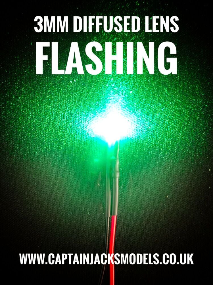 3mm Prewired LED - 1mm WIRES - Diffused - GREEN - FLASHING