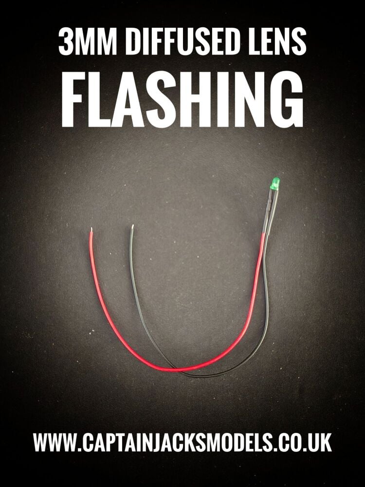 3mm Prewired LED - 1mm WIRES - Diffused - GREEN - FLASHING