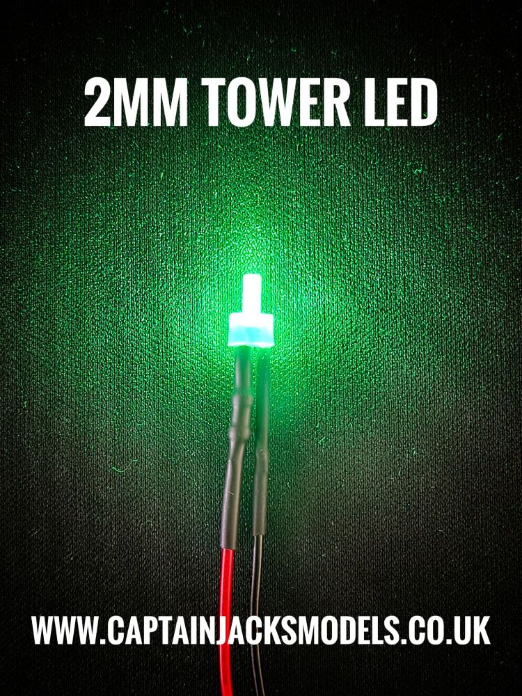 2mm Prewired Green Tower Lighthouse LEDs With Diffused Lens