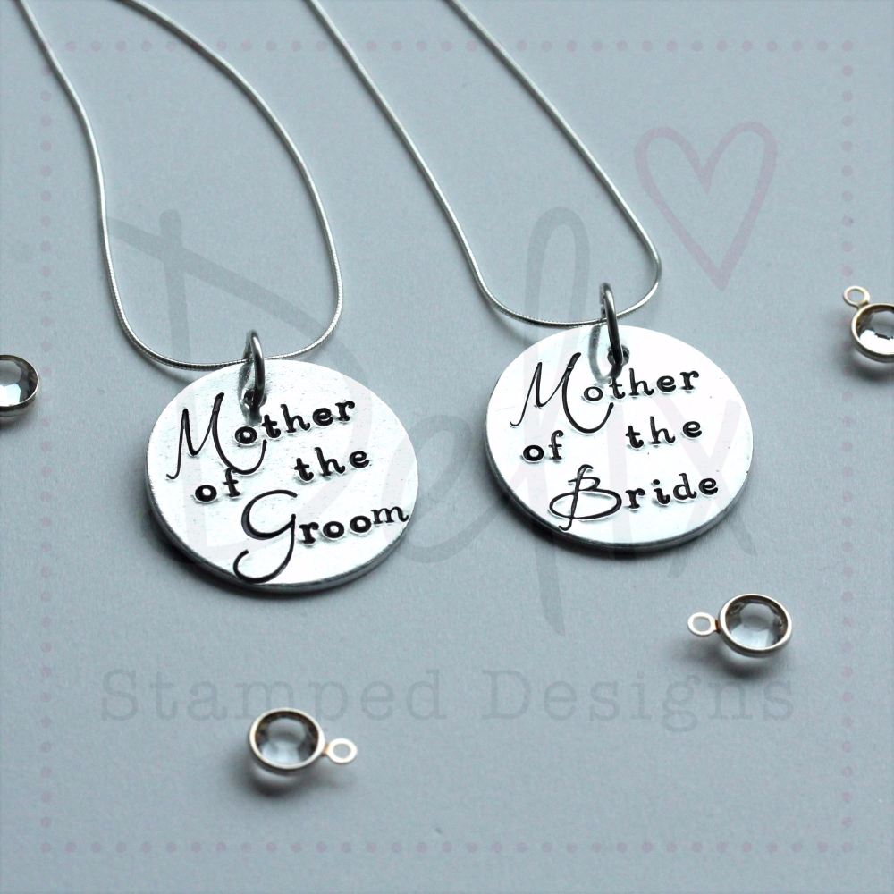 Mother of the Bride and Mother of the Groom, hand stamped necklace.