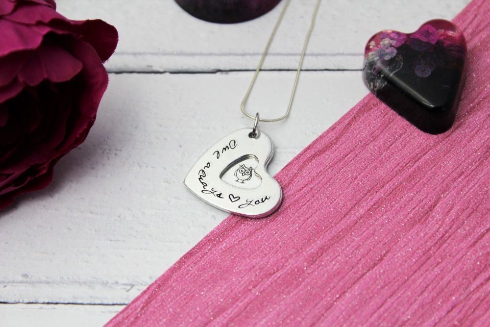 'Owl always love you' double heart necklace