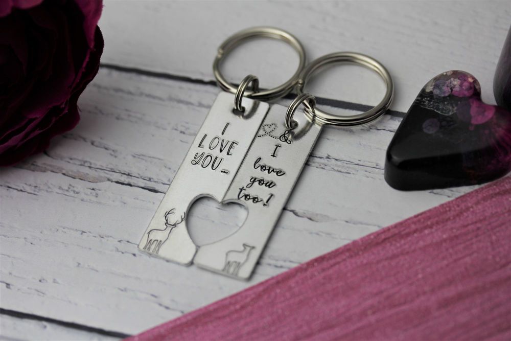 I love you "I love you too!" hand stamped keyrings