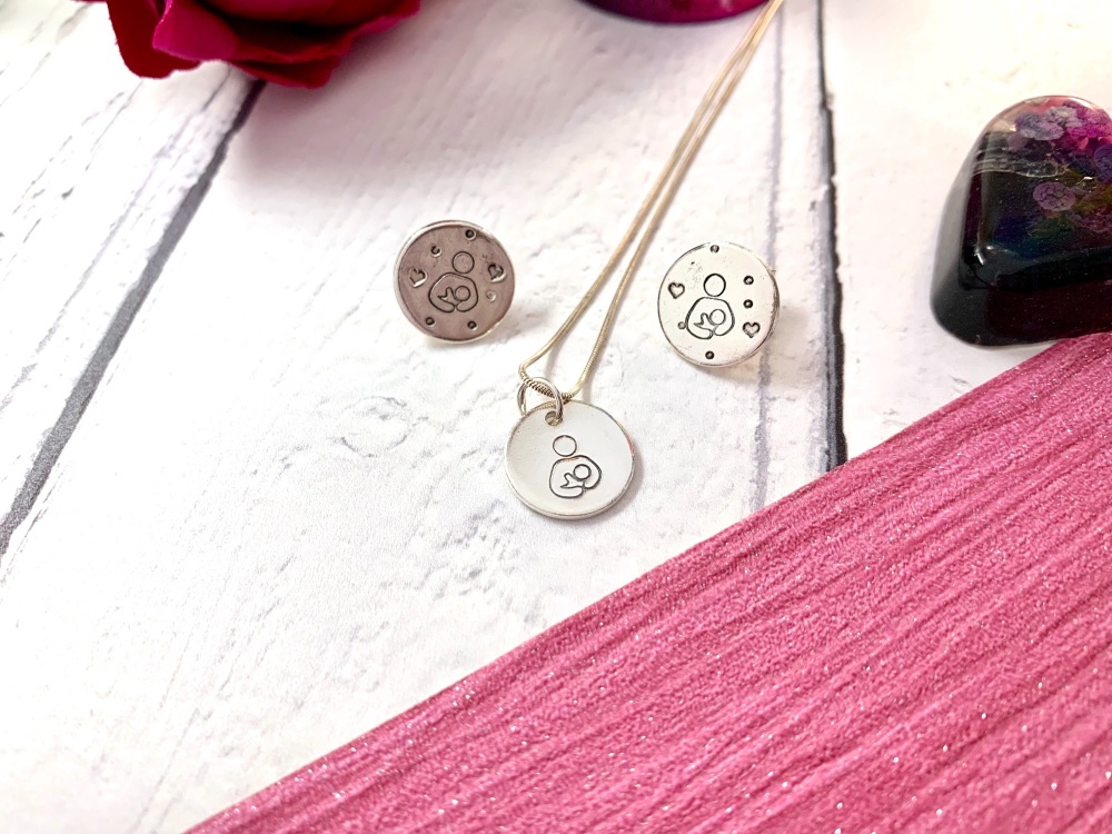 Sterling silver dainty breastfeeding necklace and earring set