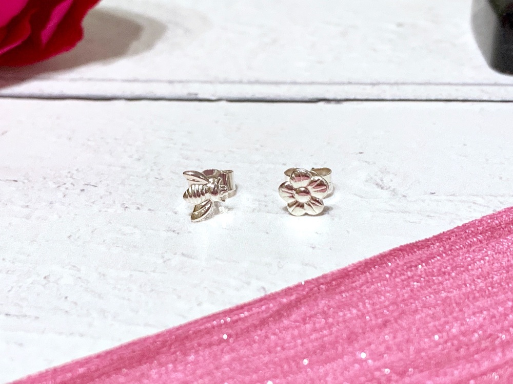 Sterling silver bee and flower earrings