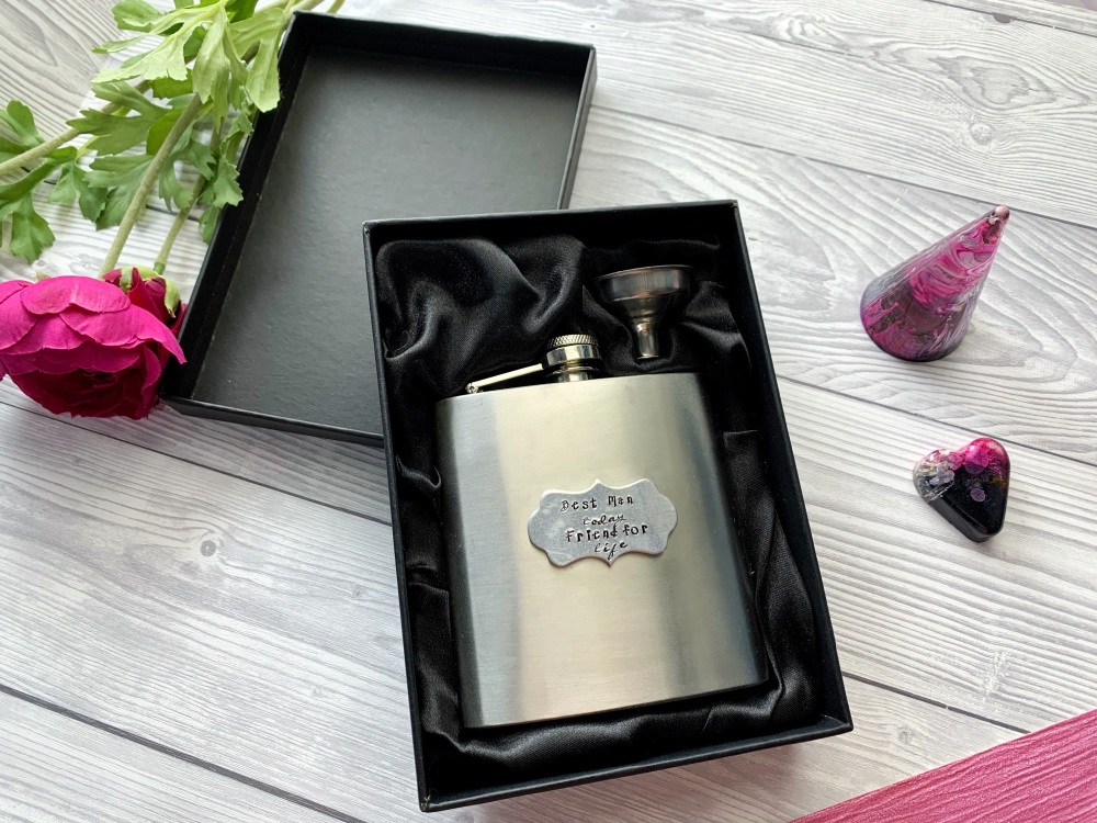 Hand stamped 6oz hip flask with box