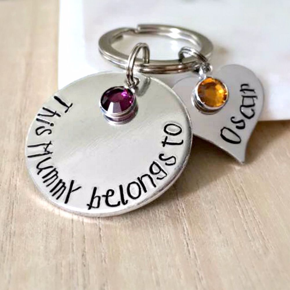 'This Mummy belongs to' keyring with heart name tags
