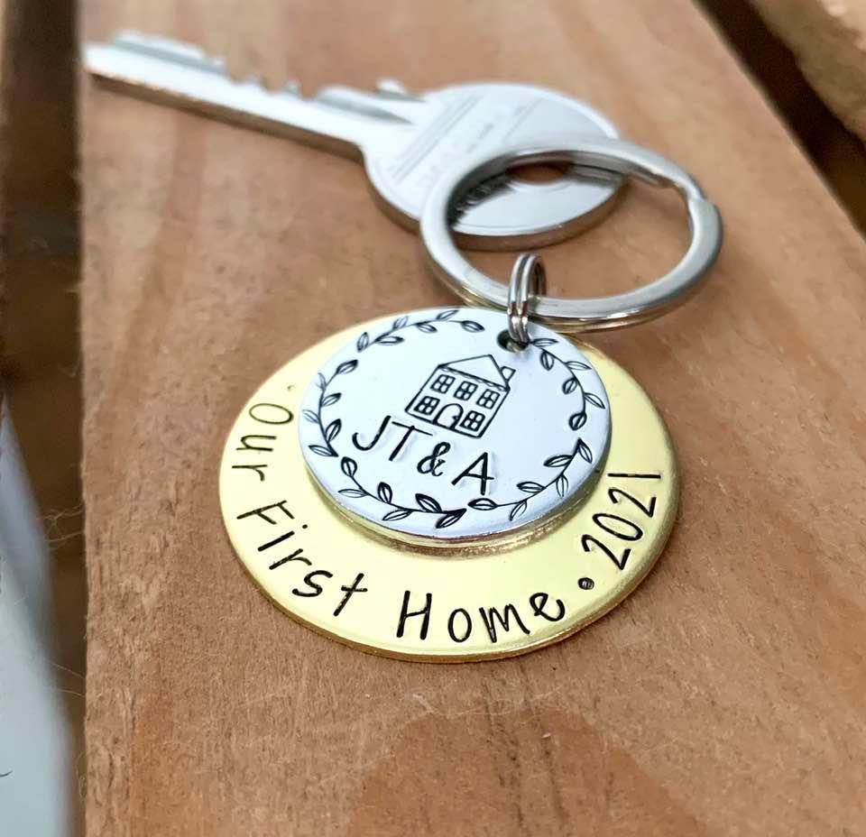Personalised Brass Our First Home Keyring