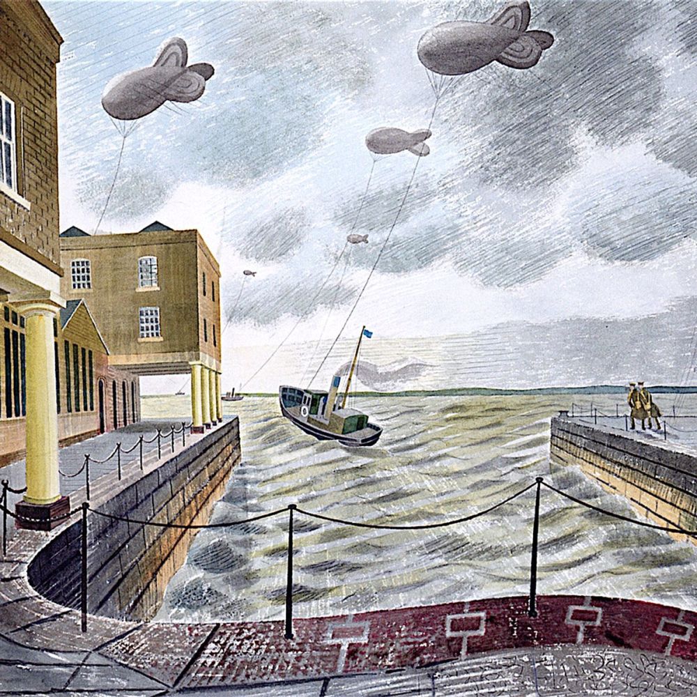 Eric Ravilious: Barrage Balloons outside a British Port, 1940 (detail)
