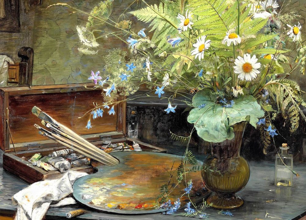 Bertha Wegmann: Interior with a bunch of wild flowers