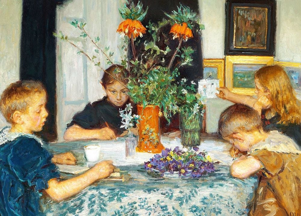 Viggo Johansen: Children Painting Spring Flowers, 1894