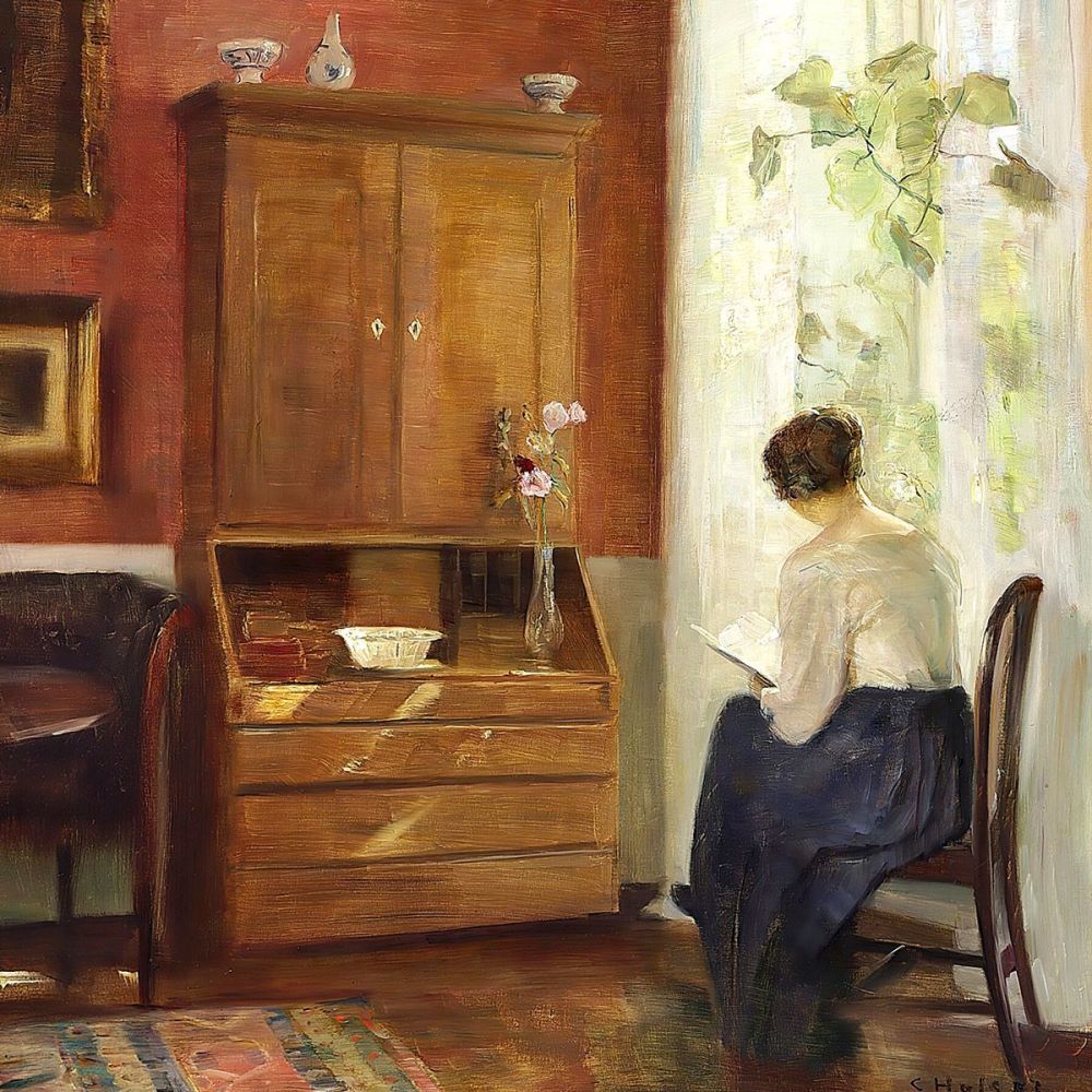 Carl Holsøe: Interior with reading woman at the window