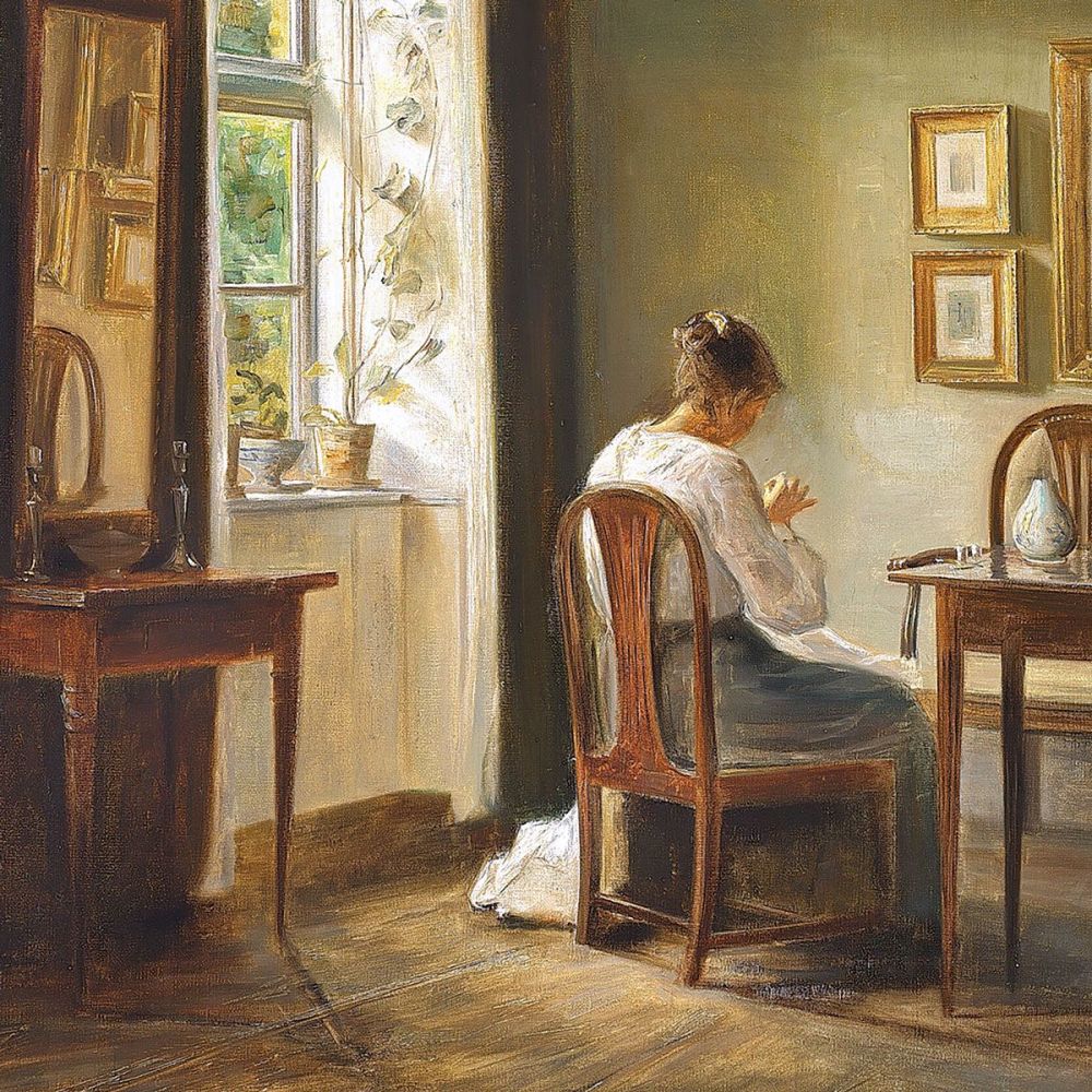Carl Holsøe: Seamstress Sewing in an Interior