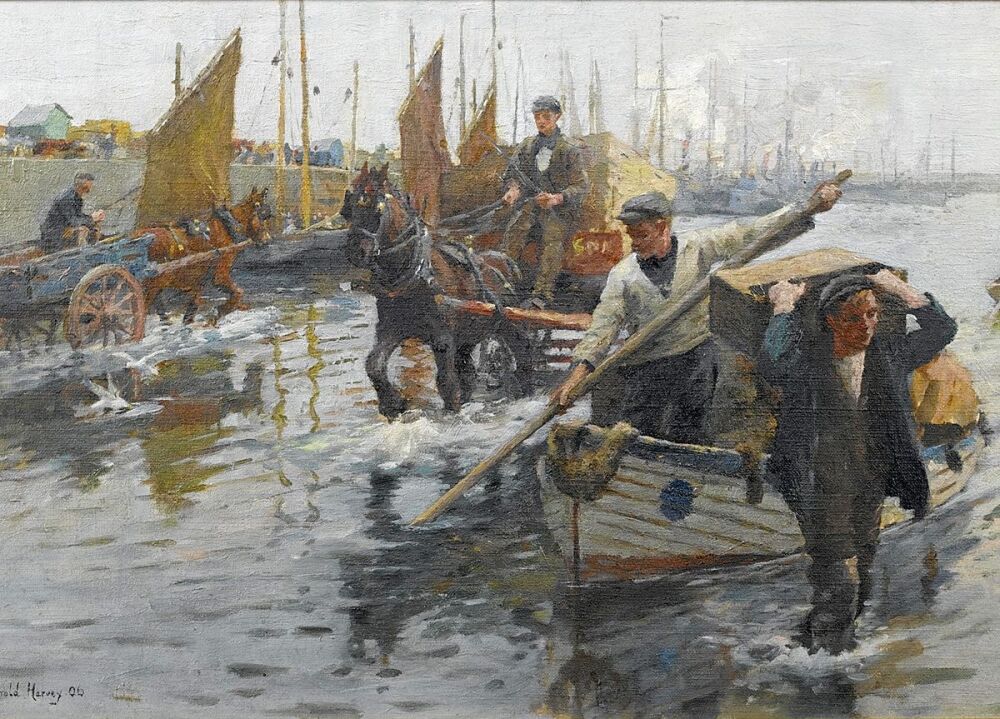 Harold Harvey: Unloading the boats, Newlyn Harbour, 1906