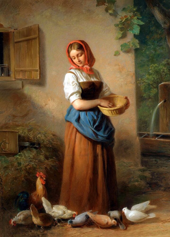 Georg Decker: A Girl feeding Chickens and Pigeons, 1855