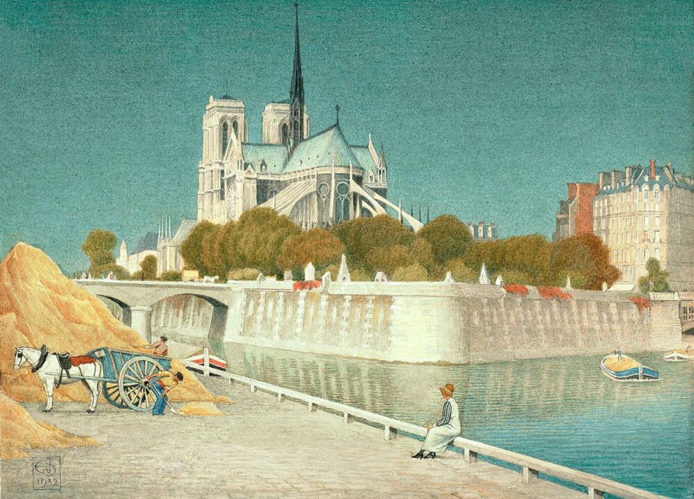 Joseph Edward Southall: Notre-Dame and the Seine, 1932