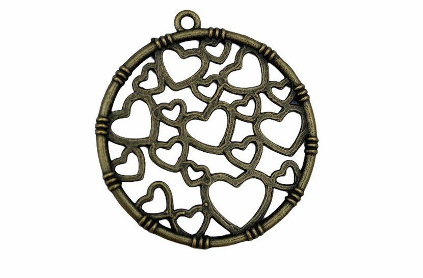 Antique bronze circle with hearts pendant - C15